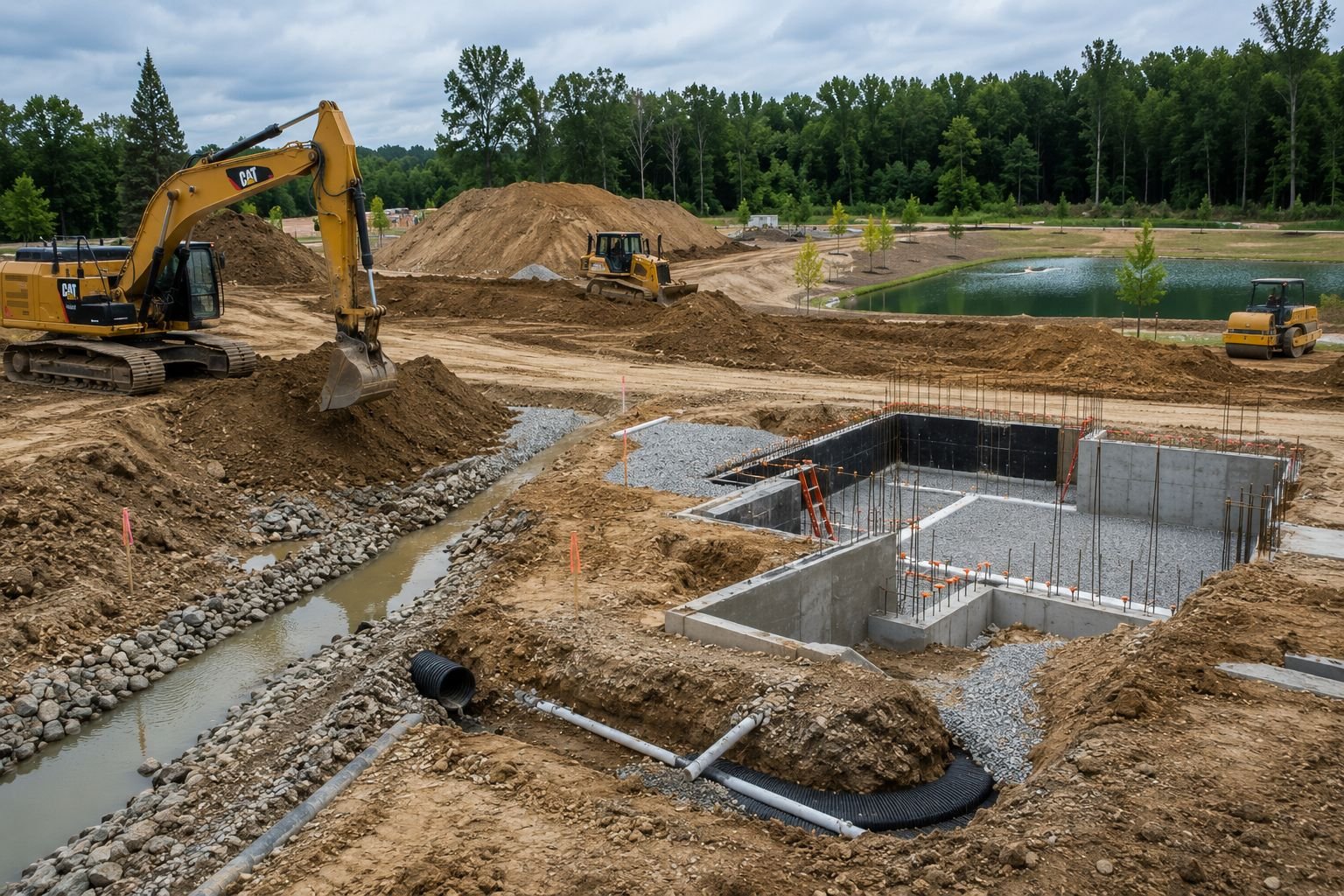 Excavator digging a foundation on a residential site