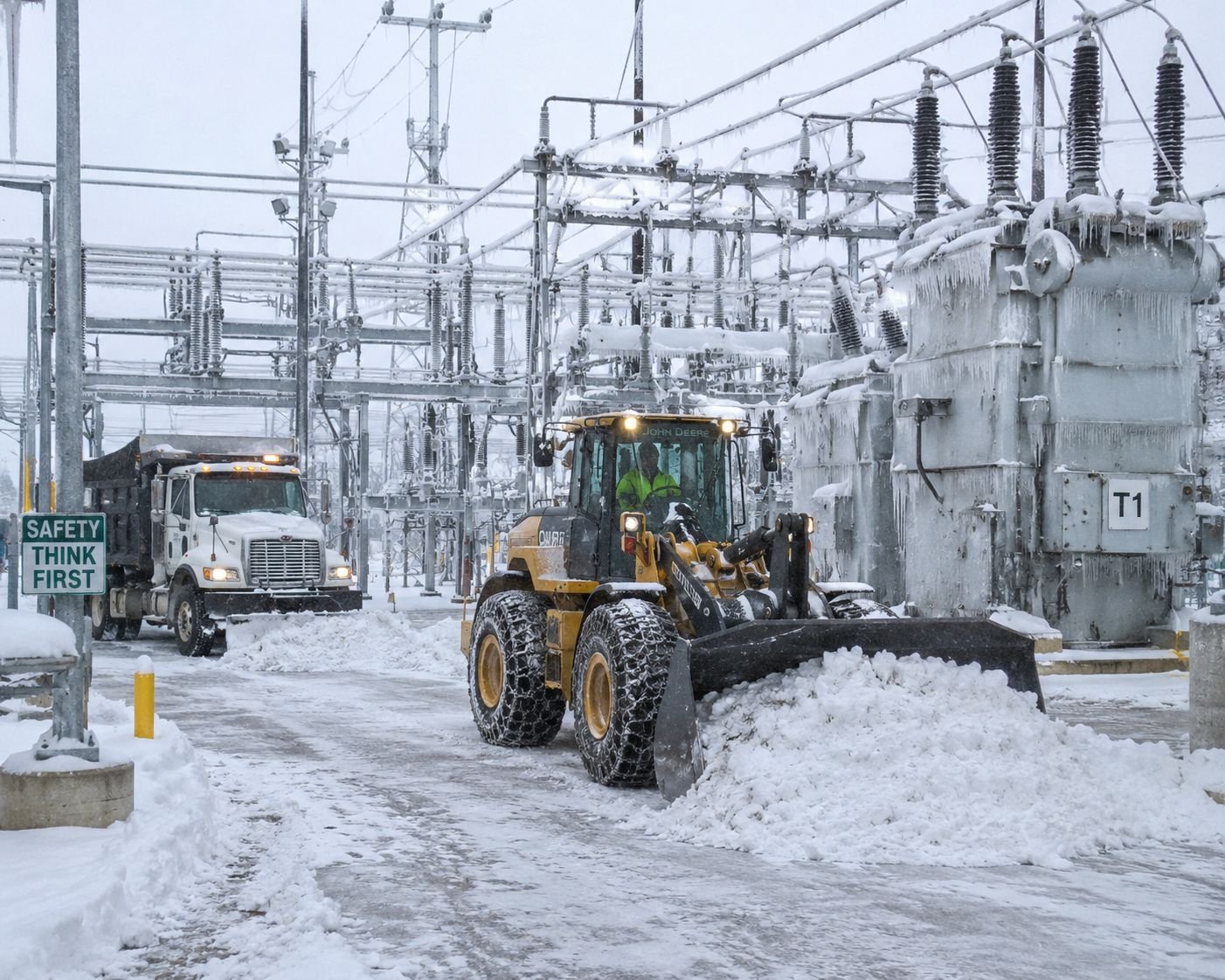 Plow clearing snow from a facility access road