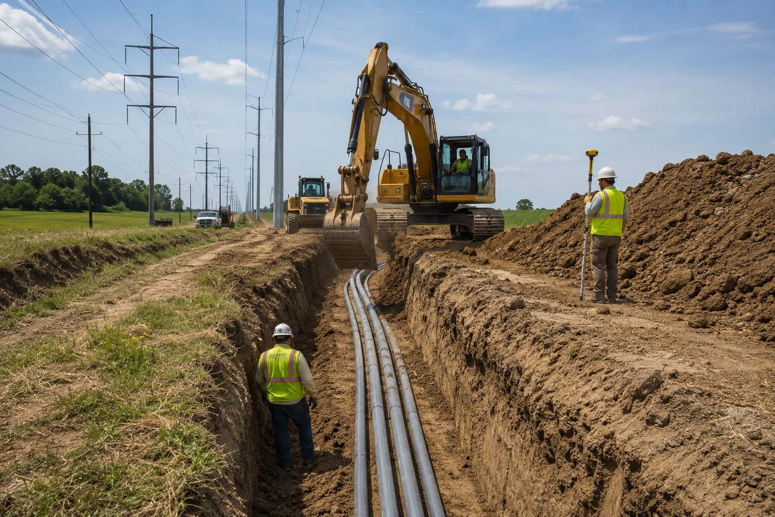 Open utility trench with pipe on an infrastructure site